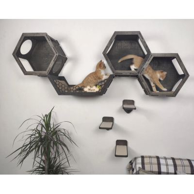 Cat Wall (3) Hexagons + Bed + Pillow + 3 Steps Set