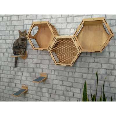 Hex Cat Wall Shelves and Cat Bed + 3 Step Shelves