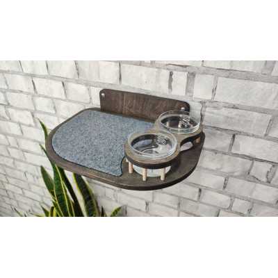 Wall Mounted Cat Shelf with 2 Raised Feeder Bowls